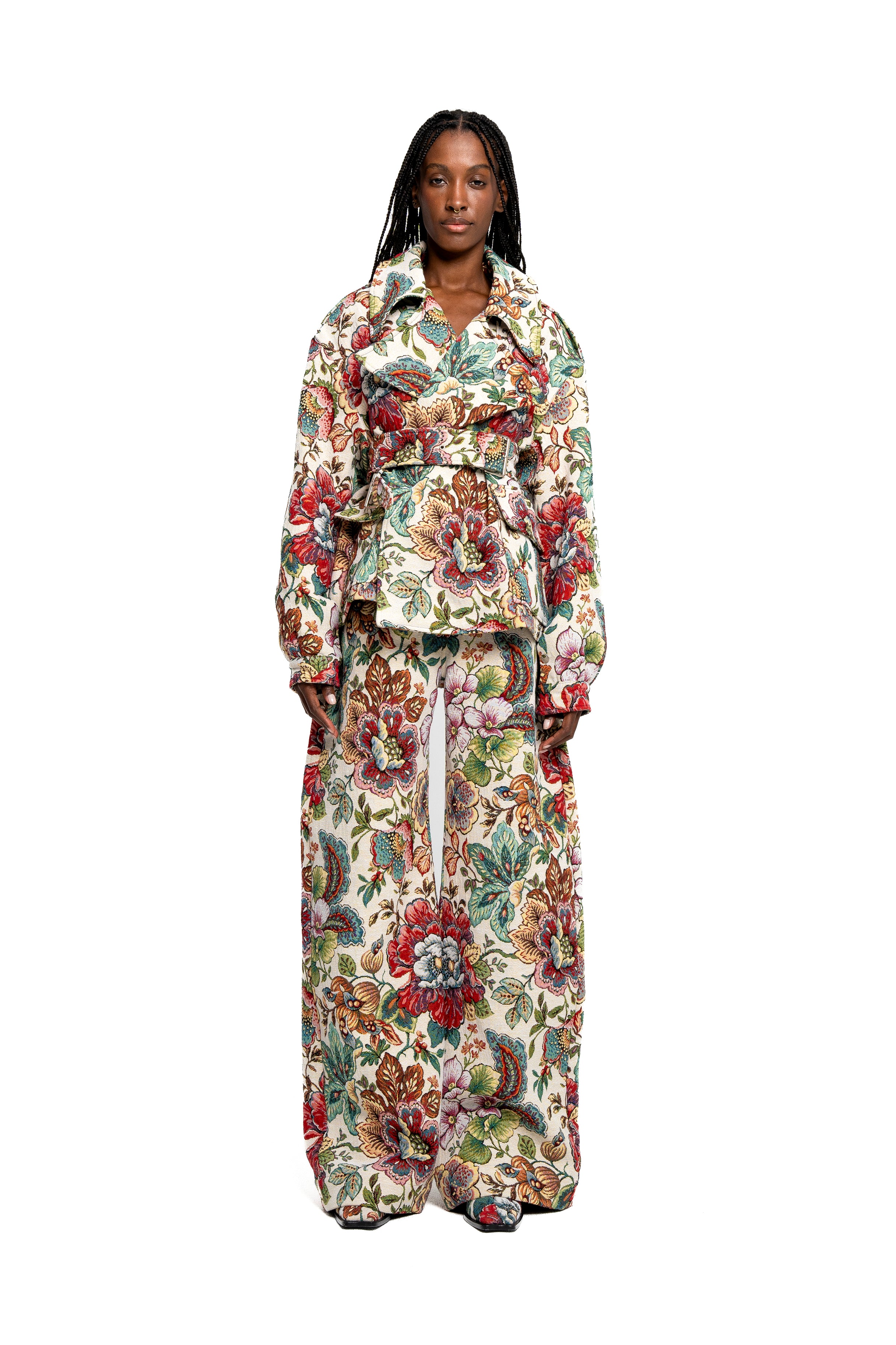 WHITE BROCADE BOYFRIEND TROUSERS
