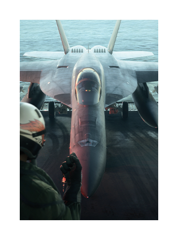 Key art for ACE COMBAT 8: WINGS OF THEVE depicting the F/A-18E Super Hornet preparing for takeoff.