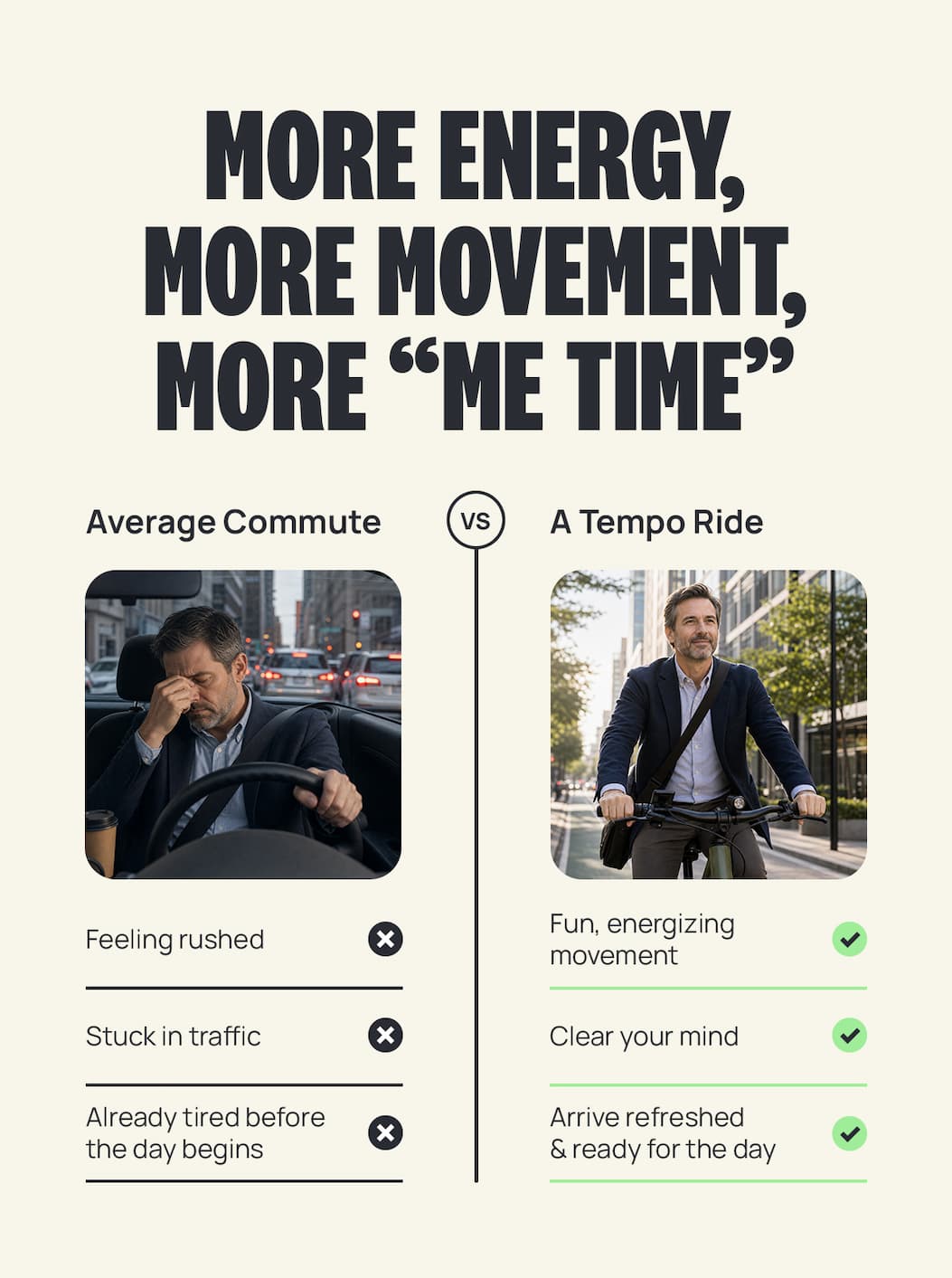 MORE ENERGY, MORE MOVEMENT,  MORE "ME TIME" | Average Commute Feeling rushed Stuck in traffic Already tired before the day begins vs A Tempo Ride Fun, energizing movement Clear your mind Arrive refreshed & ready for the day 