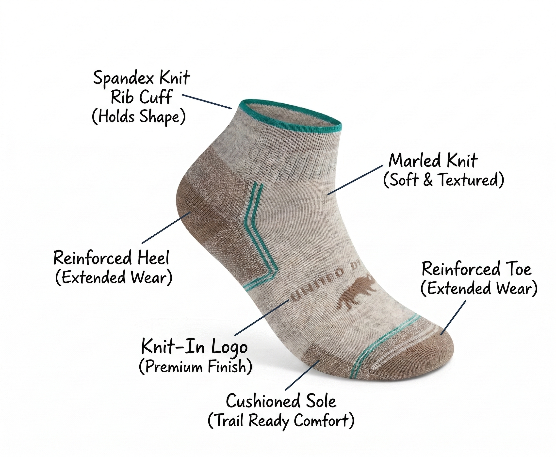 Bison Trail Sock features: spandex rib cuff, marled knit, reinforced heel and toe, cushioned sole