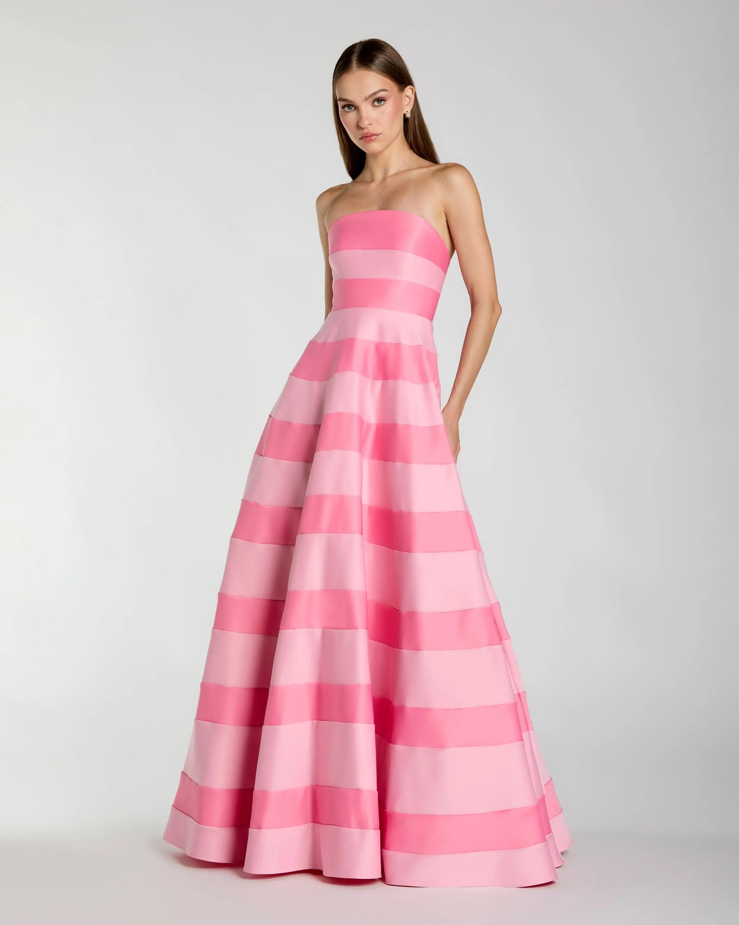 Image of Pink Striped Strapless Satin Ballgown With Pockets