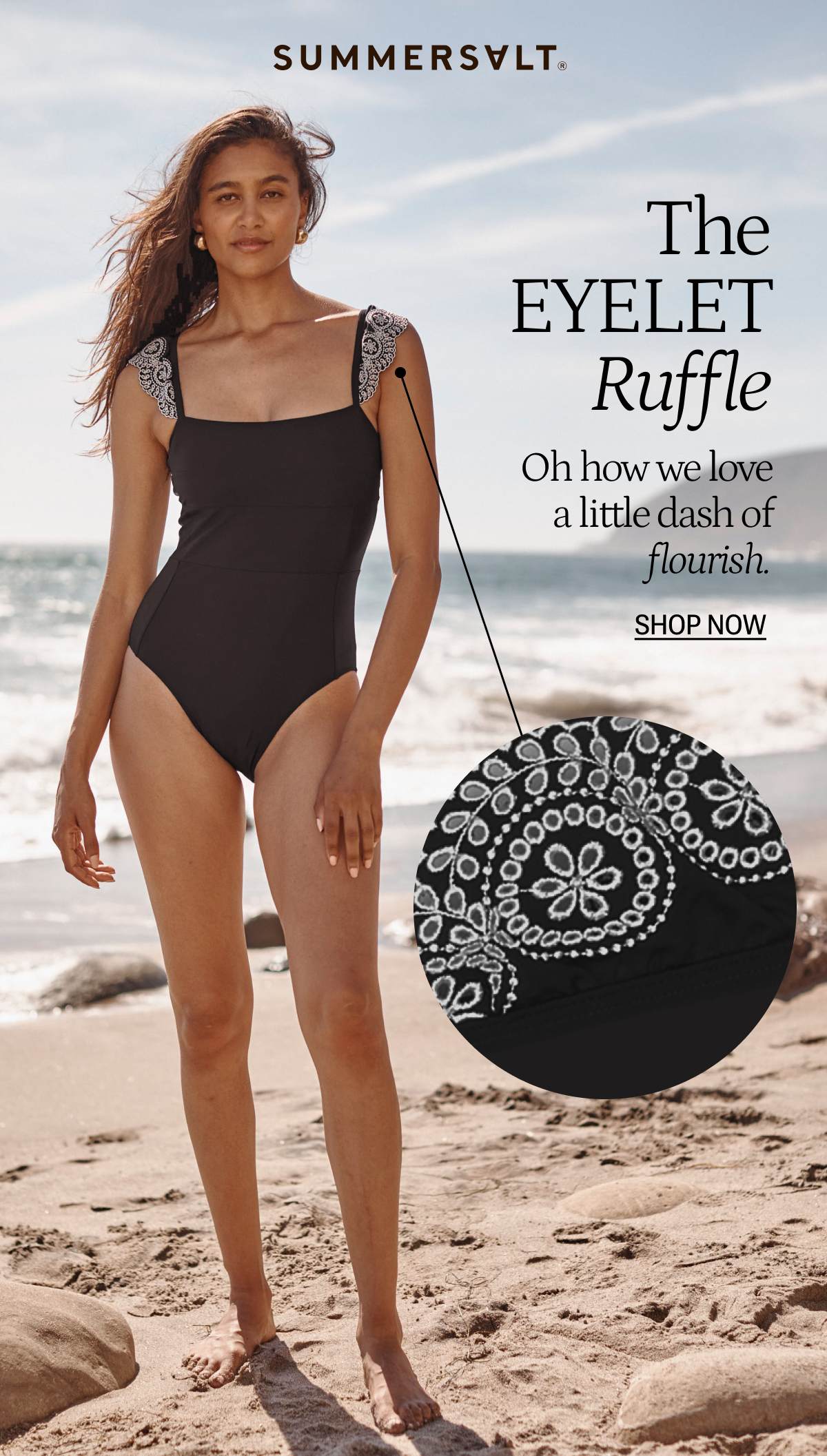 Model in eyelet ruffle one piece swimsuit