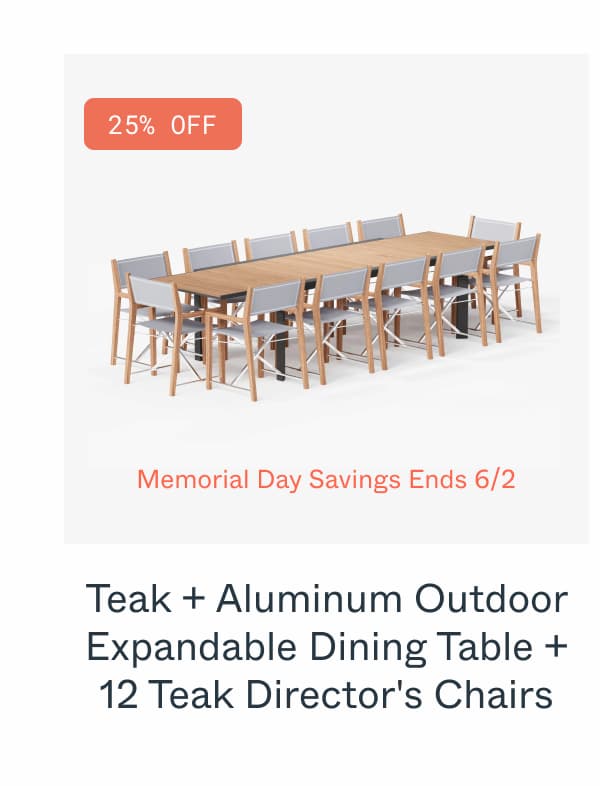 Teak + Aluminum Outdoor Expandable Dining Table + 12 Teak Director's Chairs