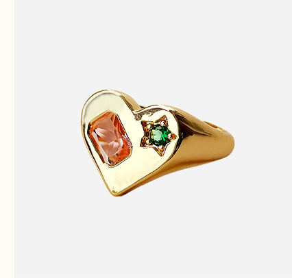 Gold Heart And Glass Stone Signet Ring