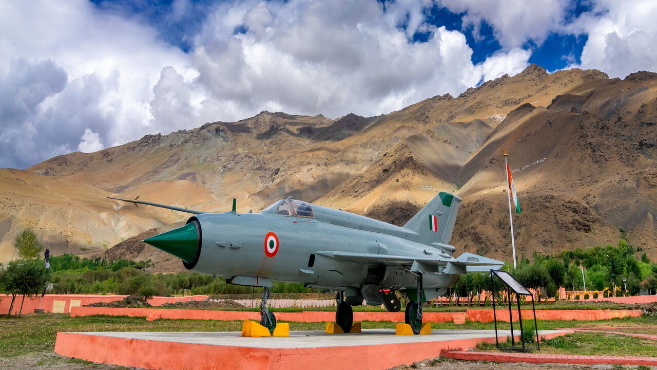 A MIG-21 fighter plane used by India in Kargil war 1999 Operation Vijay, between Pakistan and India, Himalayan mountain in background