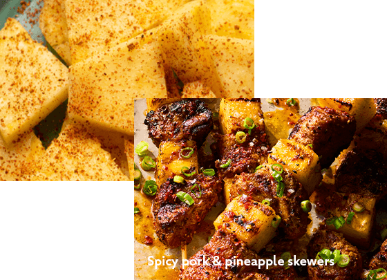 Spicy pork & pineapple skewers