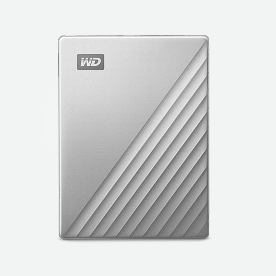 A silver Western Digital (WD) My Passport external hard drive with a textured, striped design.