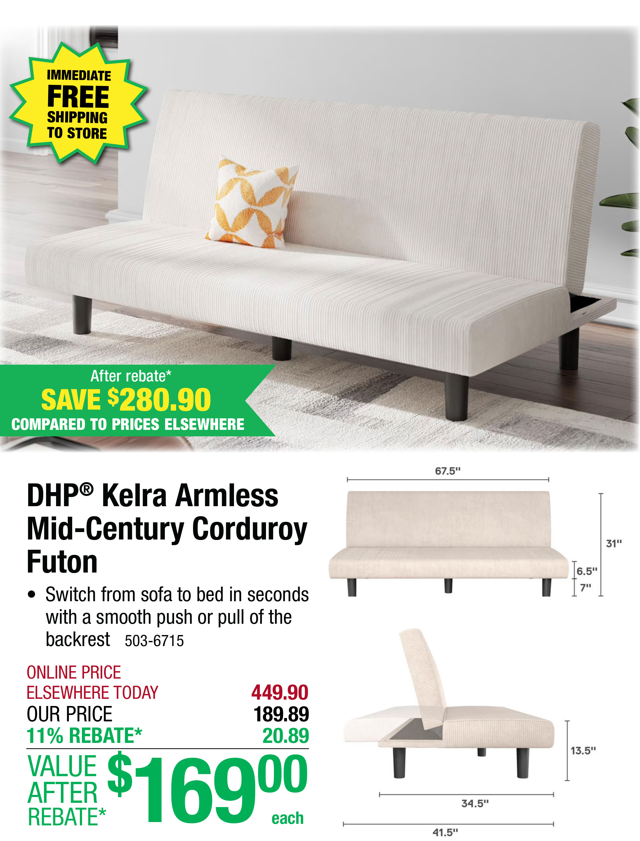 DHP® Kelra Armless Mid-Century Corduroy Futon - ONLY $169 After Rebate*!