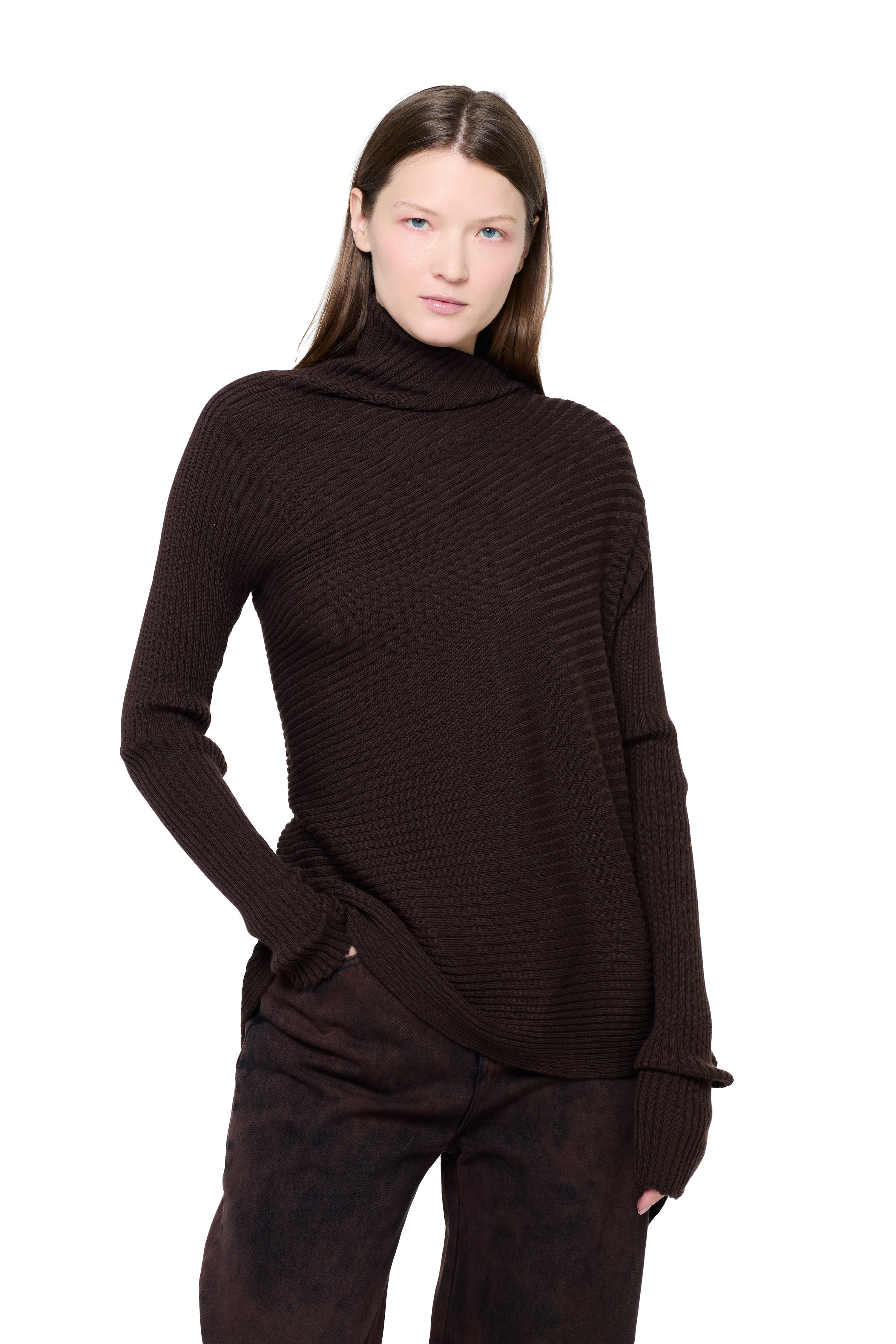 BROWN MERINO DRAPED JUMPER