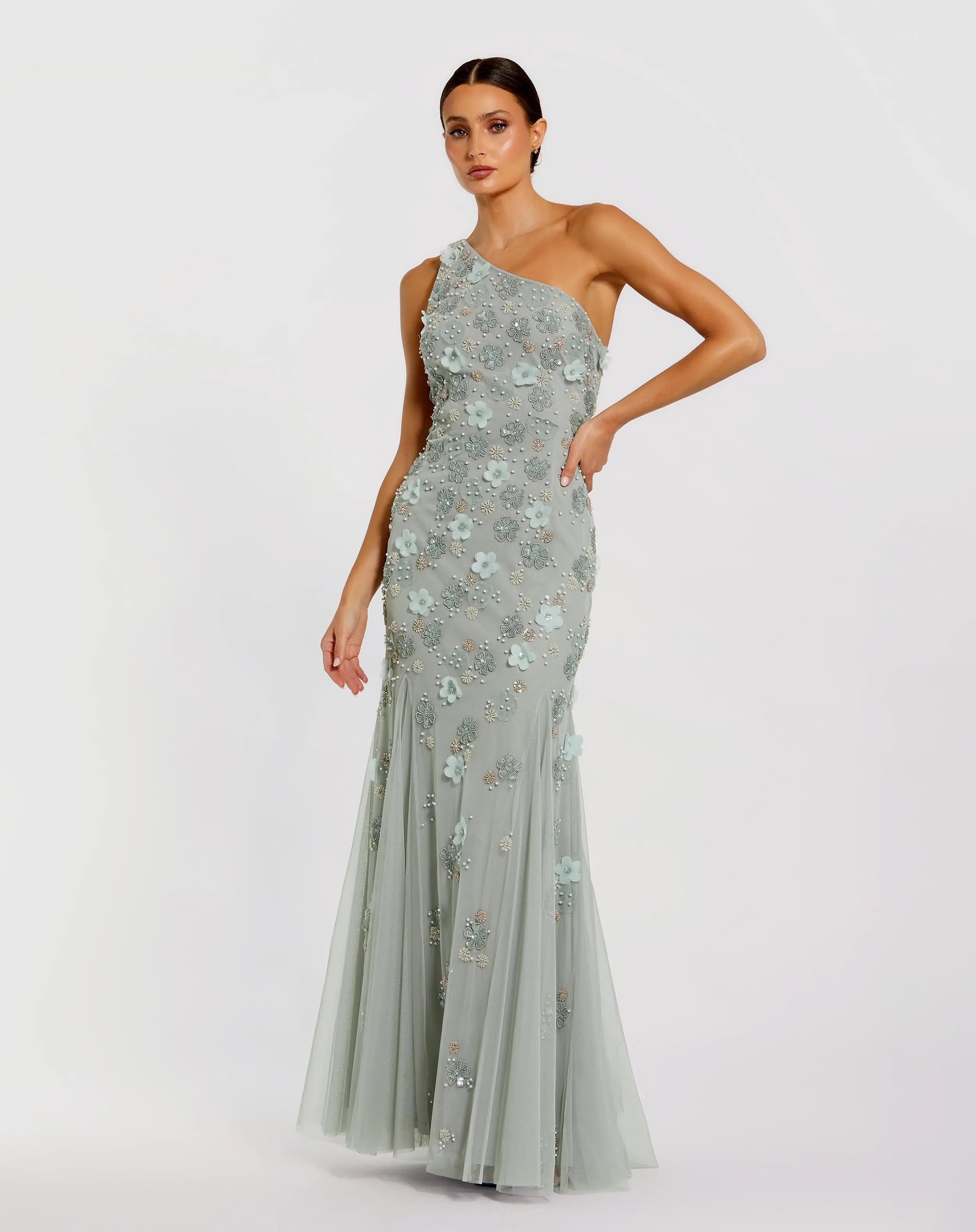 Image of Green Open Back One Shoulder Embellished Trumpet Gown