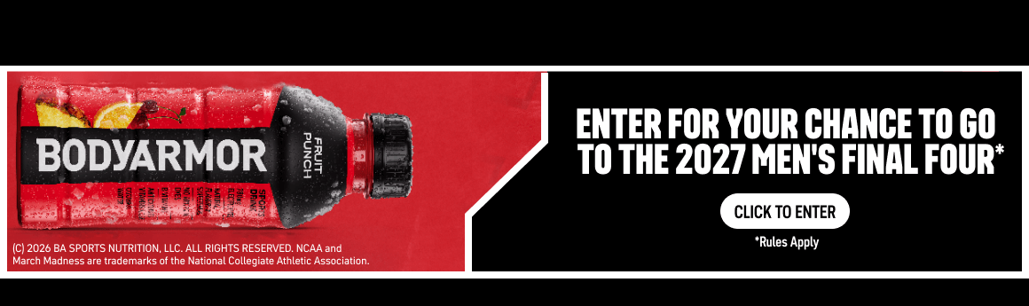 BODYARMOR Fruit Punch sports drink bottle with March Madness promotion inviting fans to enter for a chance to go to the 2027 Men's Final Four.