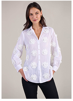 White Sheer Cotton Shirt With 3D Flowers