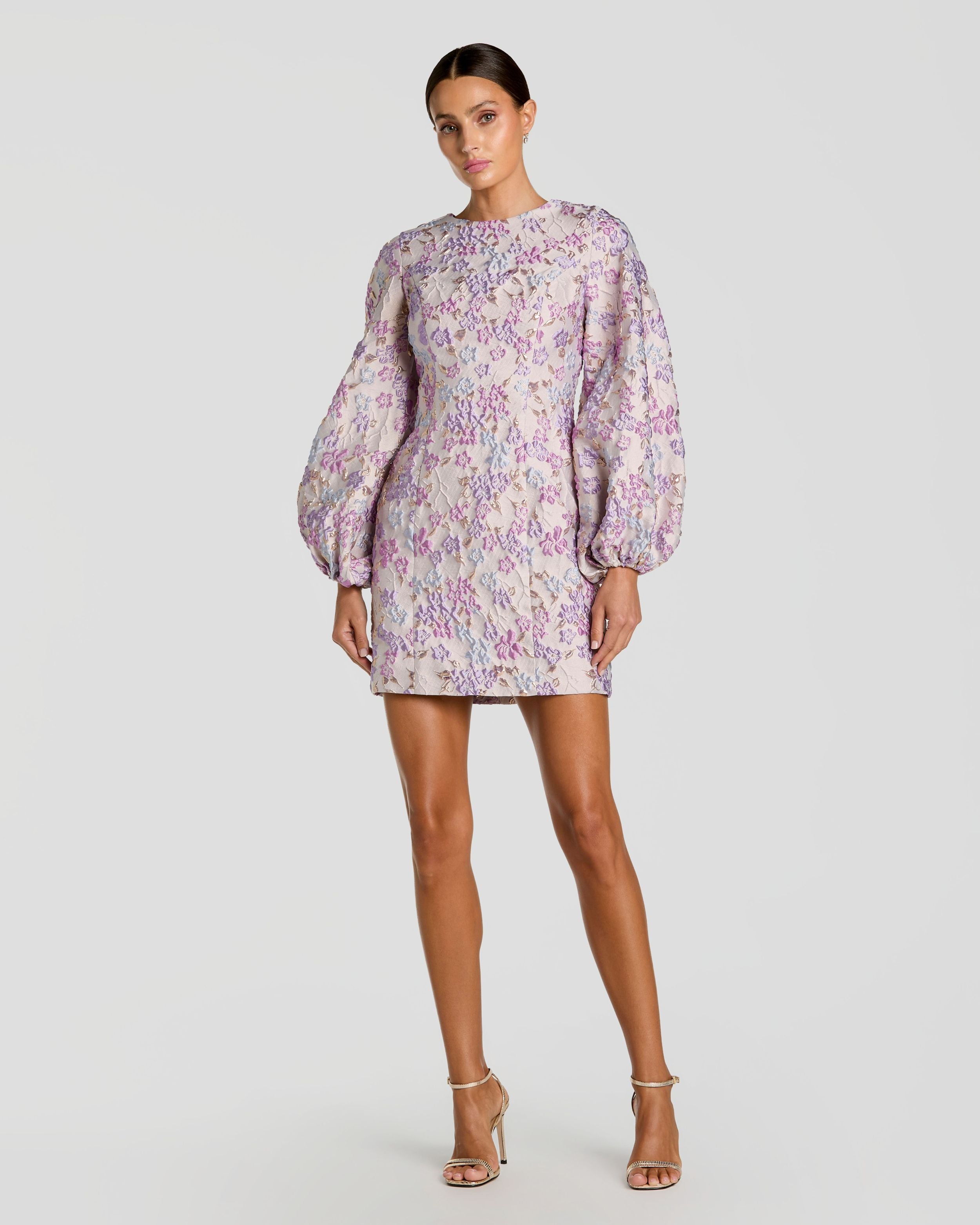 Image of Purple Floral Brocade Balloon Sleeve Mini Dress