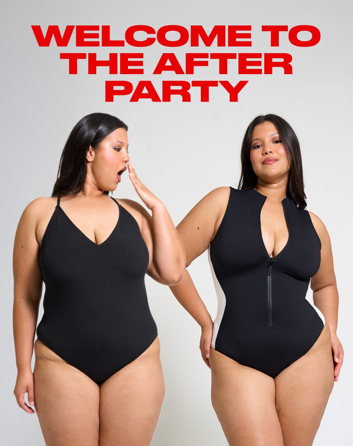 Two models wearing black swimsuits with the text 'Welcome to the after party' above them.