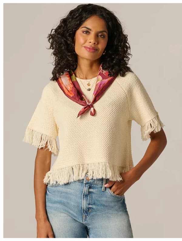 Short Sleeve Textured Knit Raglan Fringe Sweater In Cream