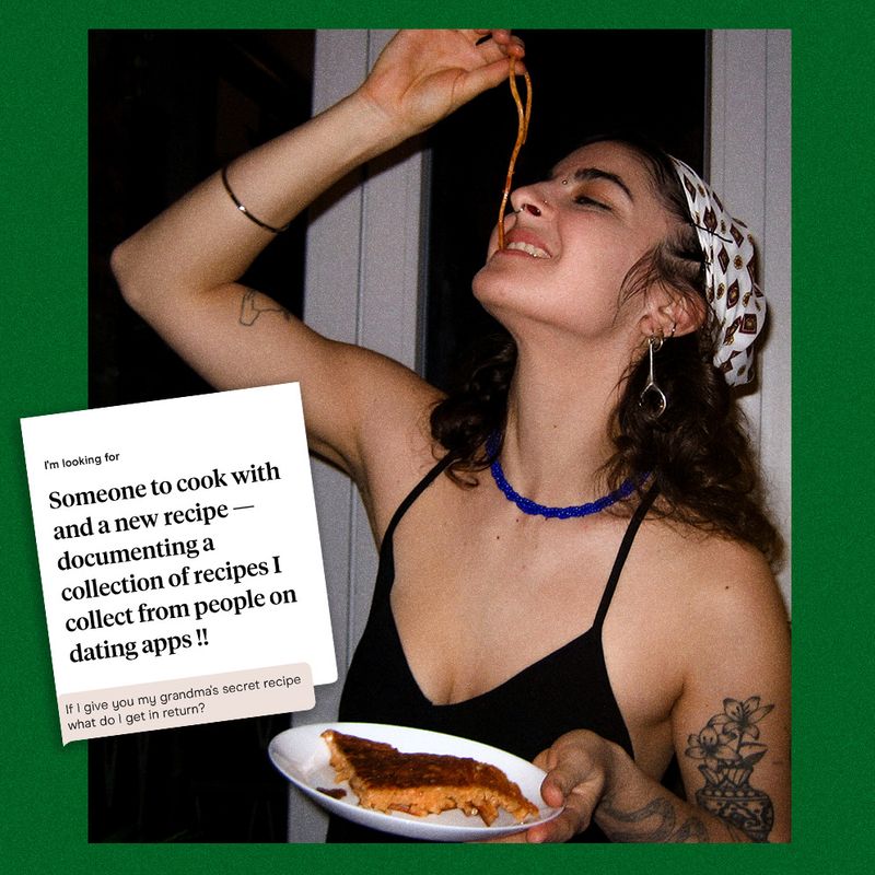 Collaged image of content creator Zoe Zannos and their dating app post