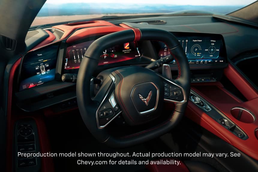 Driver&rsquo;s point of view of the new 2026 Corvette Stingray interior. Preproduction model shown throughout. Actual production model may vary.