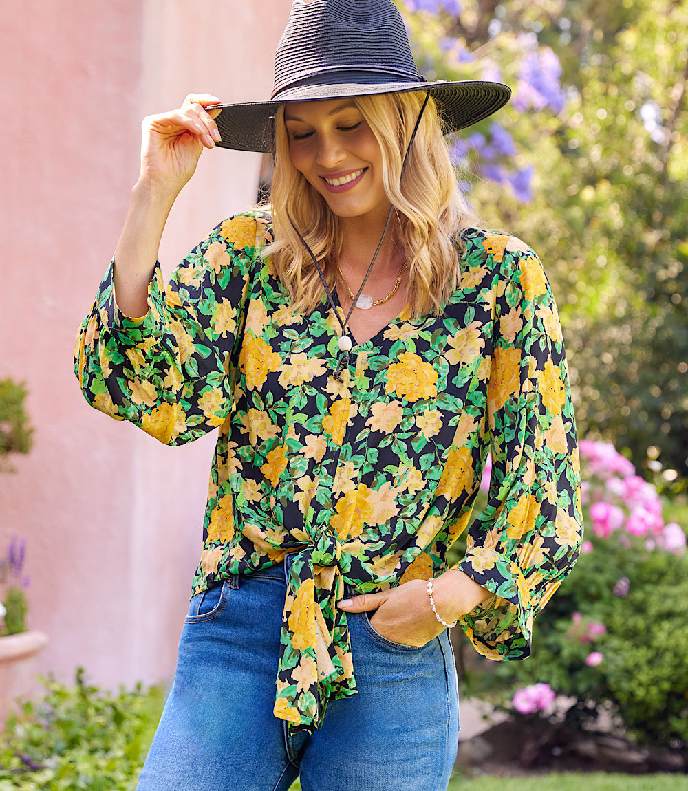 Image of Blouson Sleeve Tie-Front Top