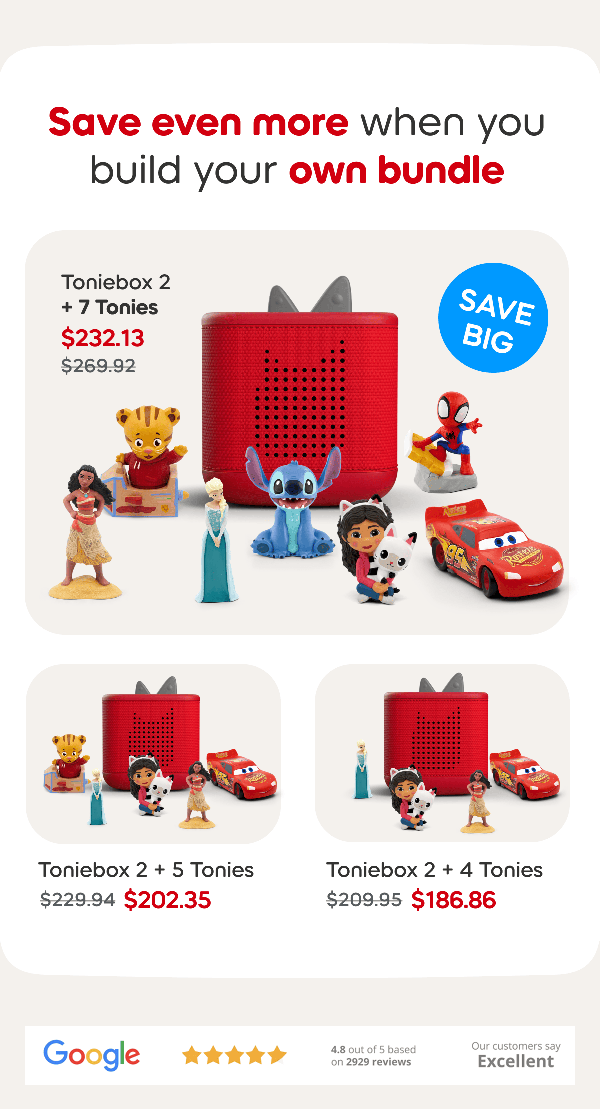 You can choose to bundle a starter set with 3 Tonies, 5 Tonies, or 8 Tonies! Save up to 15% when you bundle 8 Tonies!