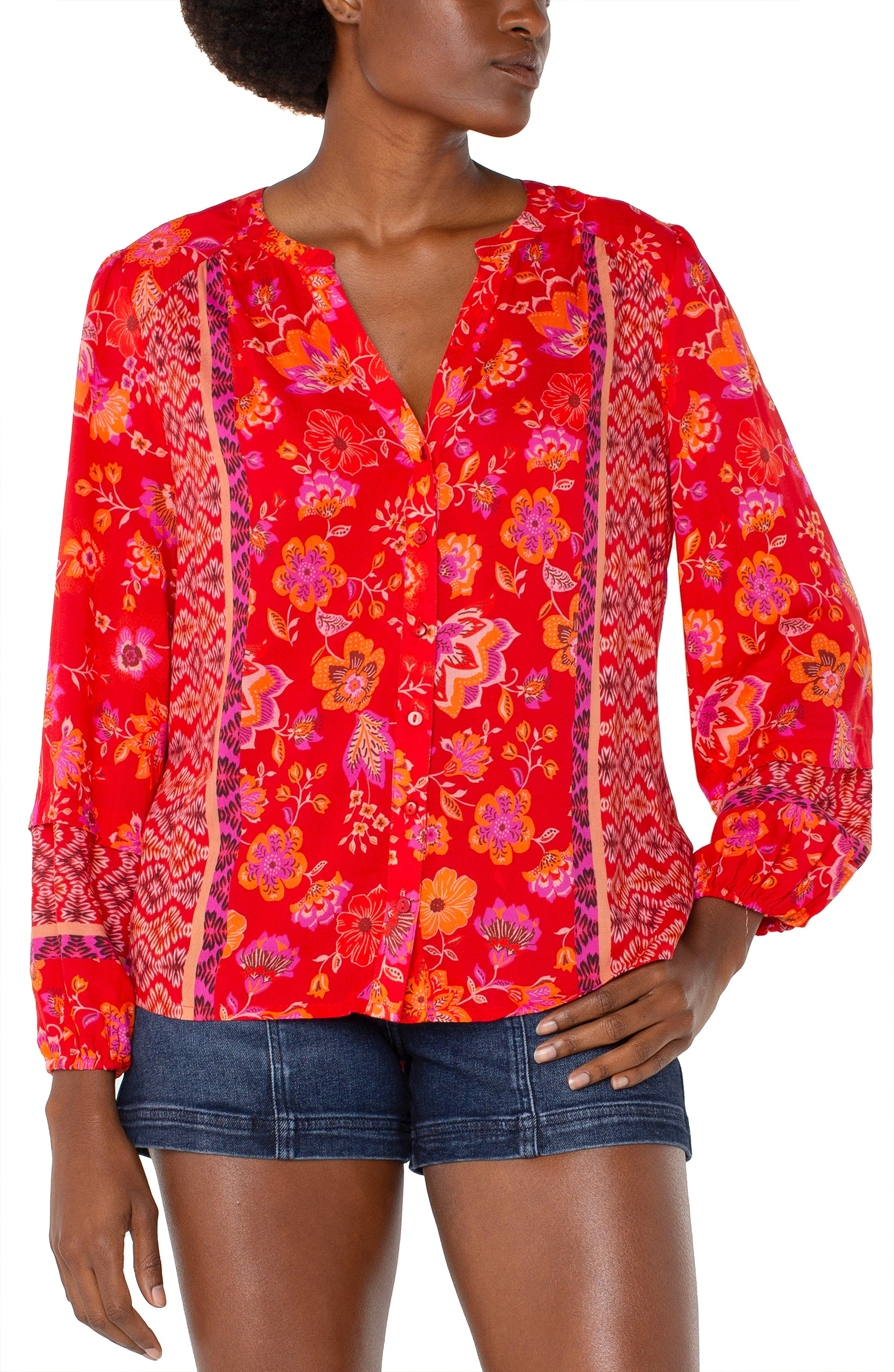 Image of BUTTON FRONT SHIRRED BLOUSE