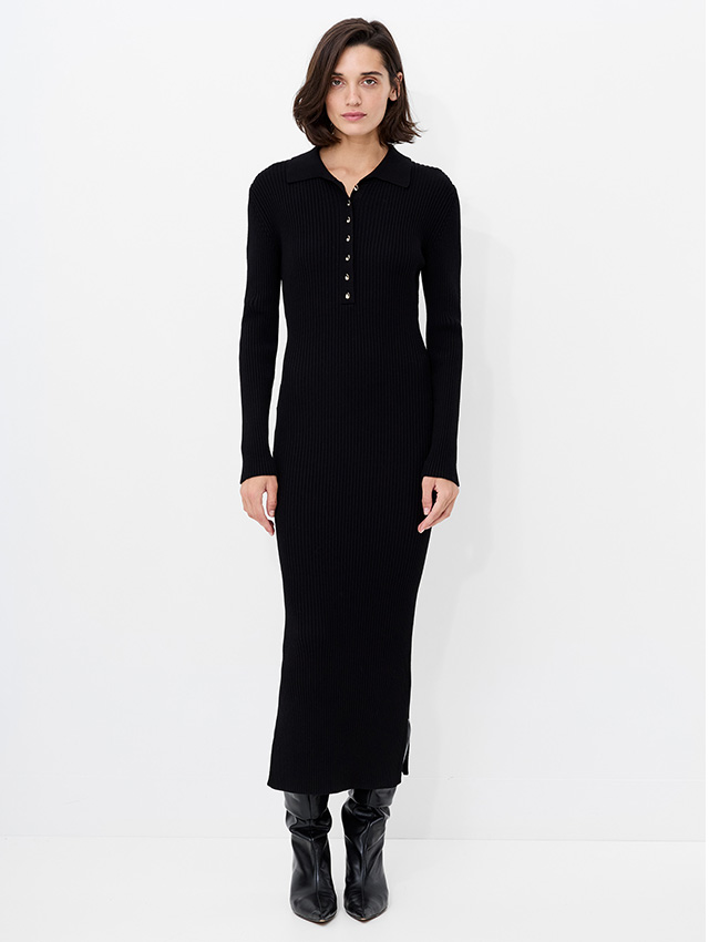 Mari Knit Long Sleeve Collared Midi Dress