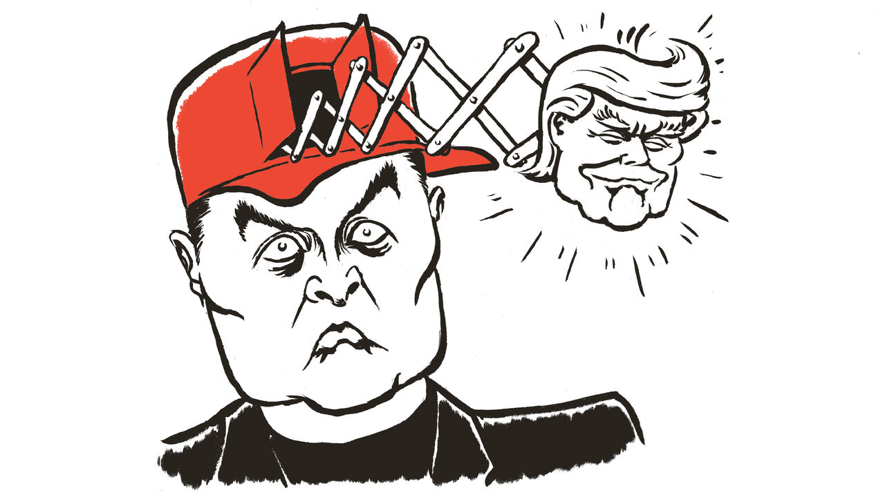 A cartoon Elon Musk wearing a red cap with a cuckoo clock-style mechanism. Instead of a bird, a the head of Donald Trump pops out