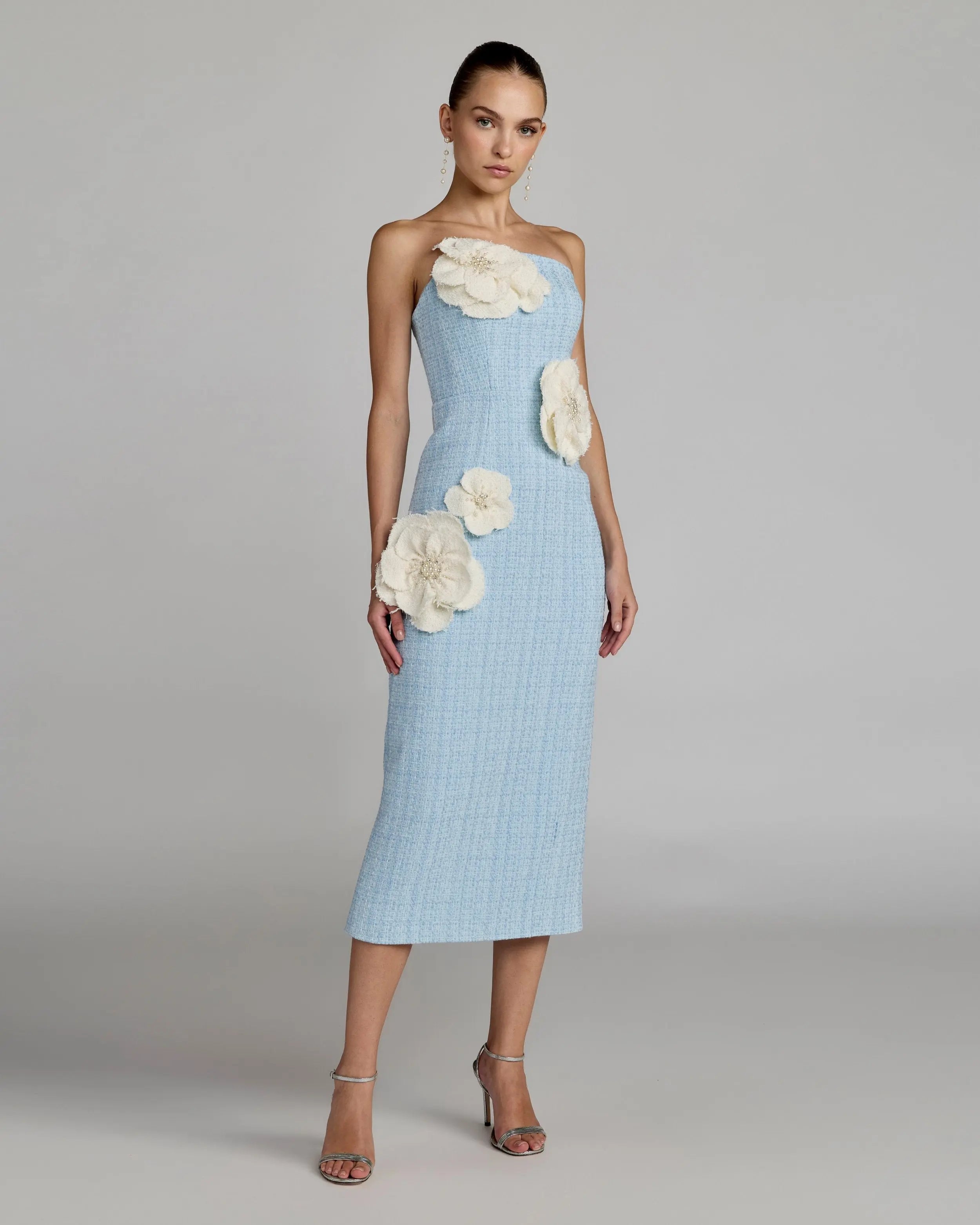 Image of Blue Boucle Strapless 3D Floral Midi Dress