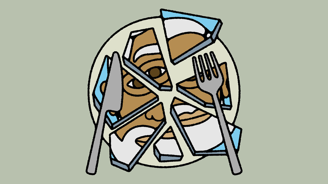 A plate filled with cut-up pieces of Indian Prime Minister Narendra Modi’s face, arranged like a meal. A fork and knife lie beside the plate