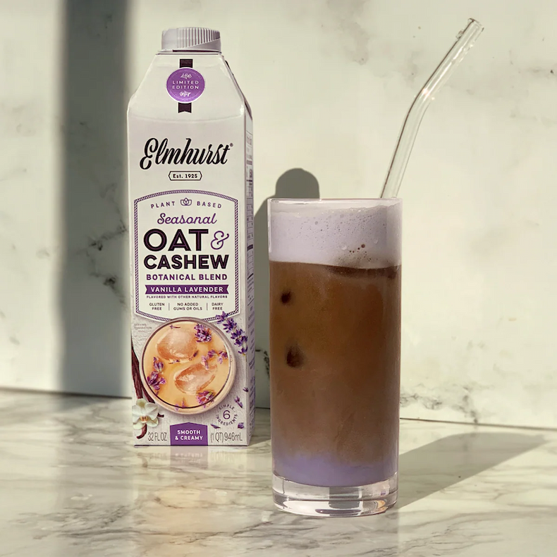 Oat and Cashew Vanilla Lavender milk alongside an iced lavender cloud latte.
