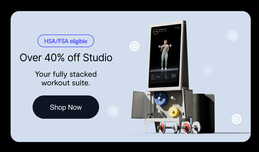  image previewing Tempo studio equipment with text: "HSA/FSA eligible Over 40% off Studio Your fully stacked workout suite. shop now"