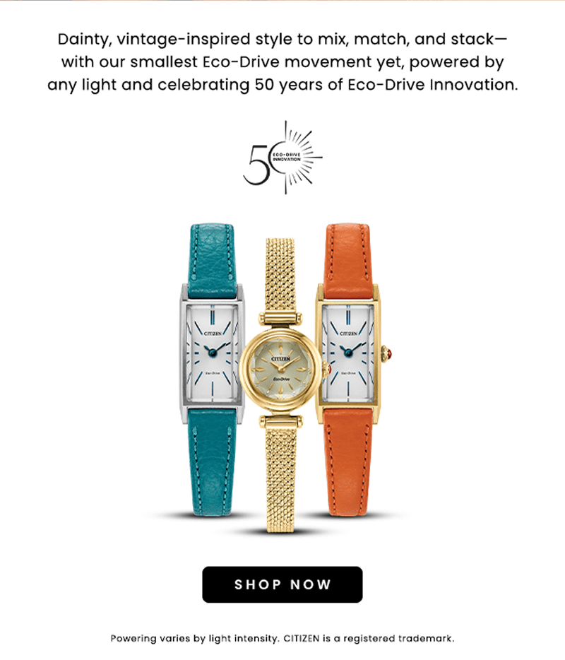 Citizen Eco Drive watches featuring turquoise and orange leather straps and a gold-tone mesh bracelet watch. Click shop now.