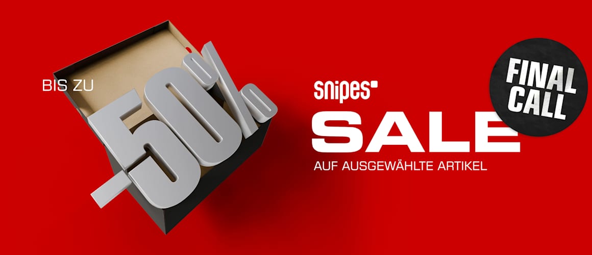 Red promotional banner featuring a 3D “Up to -50%” graphic emerging from a box, the Snipes logo, “SALE”, “OFF SELECT ITEMS”, and a black “FINAL CALL” badge.