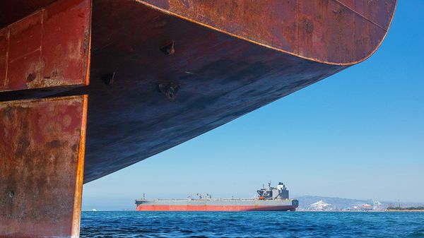 Ships anchored off the Port of Long Beach in Long Beach, California, USA.
