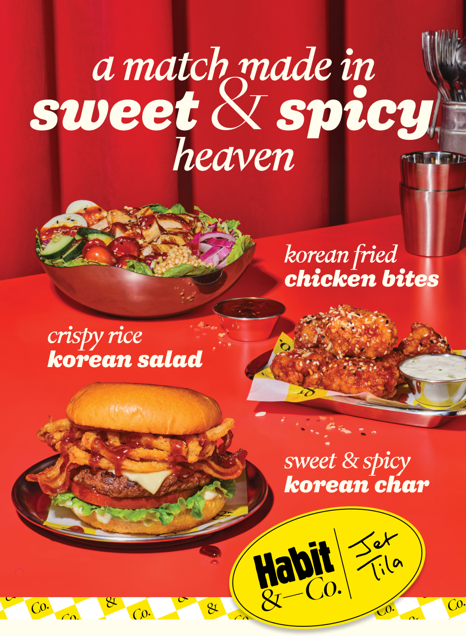 A match made in sweet & spicy heaven. Korean Fried Chicken Bites. Crispy Rice Korean Salad. Sweet & Spicy Korean Char. Habit & Co. featuring Jet Tila.