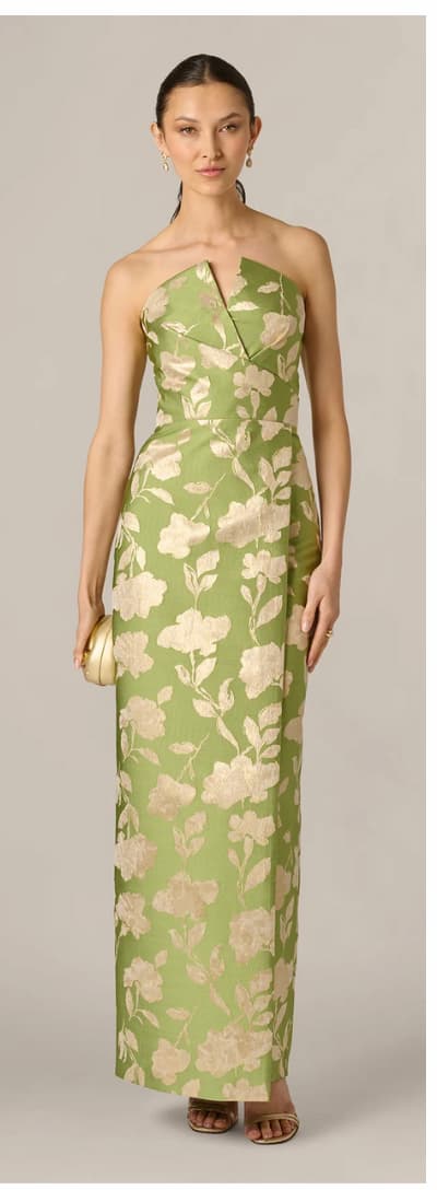 Strapless Draped Floral Jacquard Column Gown In Fern