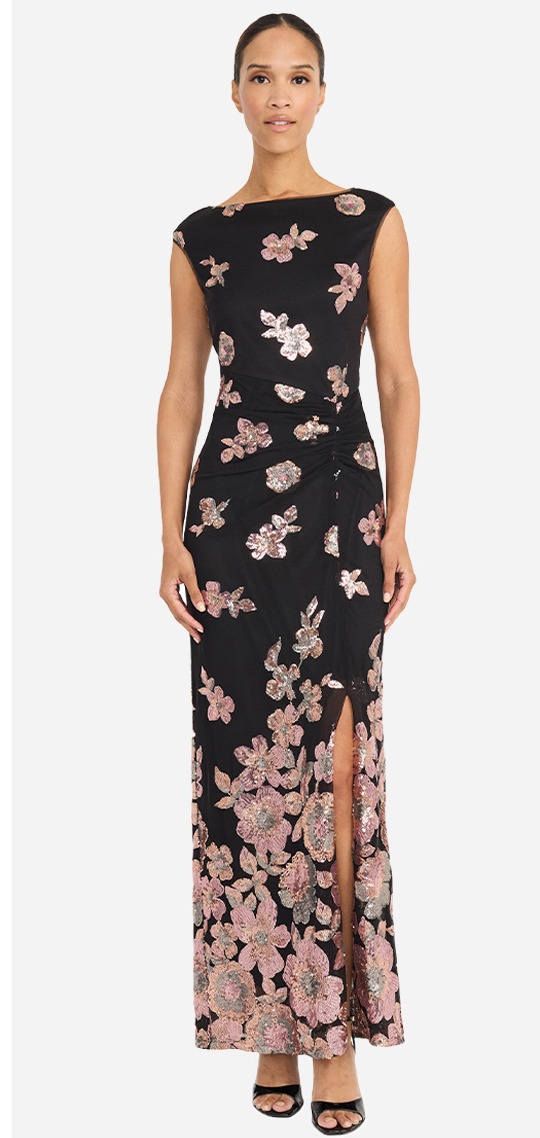 Lucie Boat Neck Front Slit Sequin Gown By Maggy London