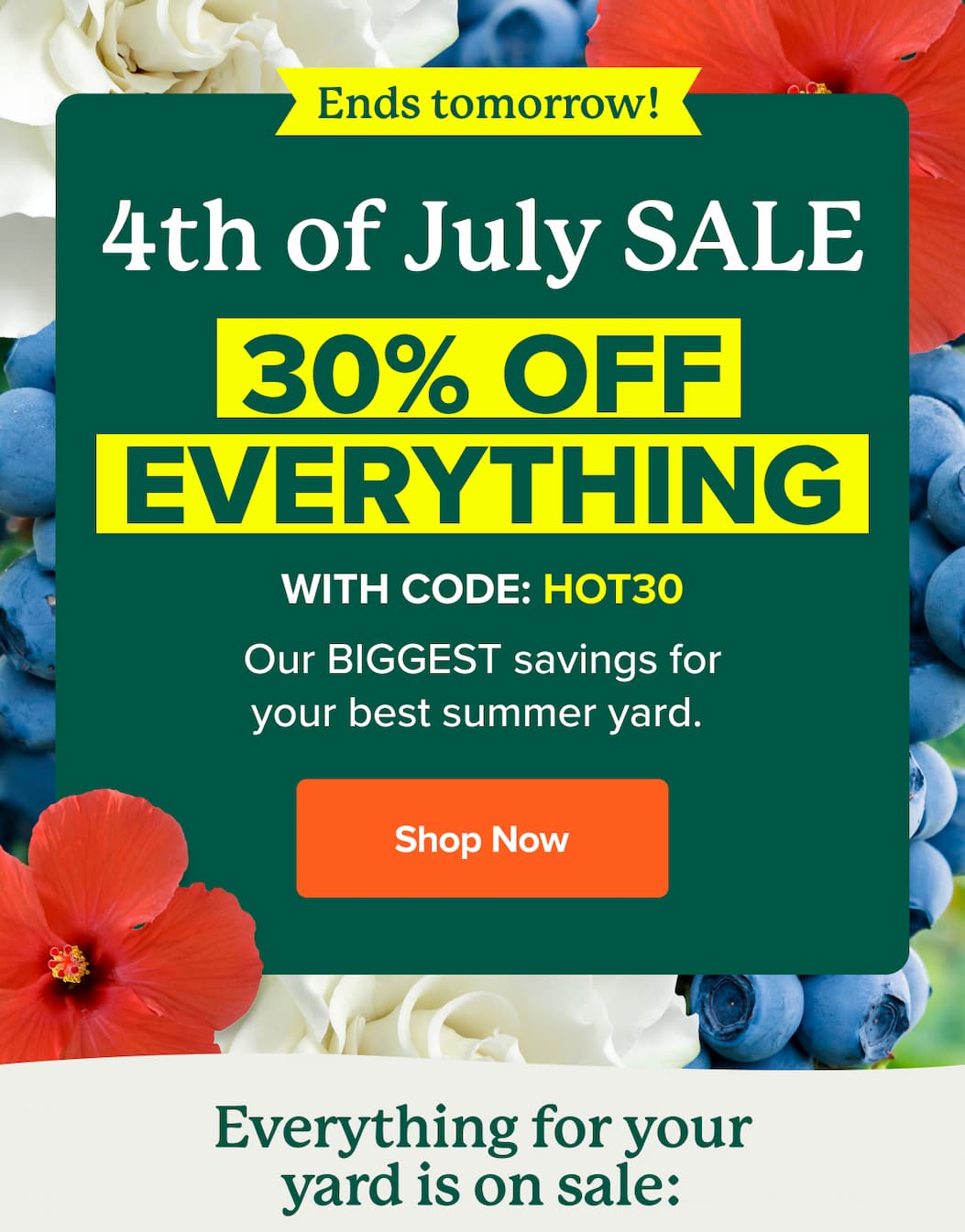 ENDS TOMORROW! 4th of July Sale 30% OFF EVERYTHING with code: HOT30 Our BIGGEST savings for your best summer yard. SHOP NOW>>