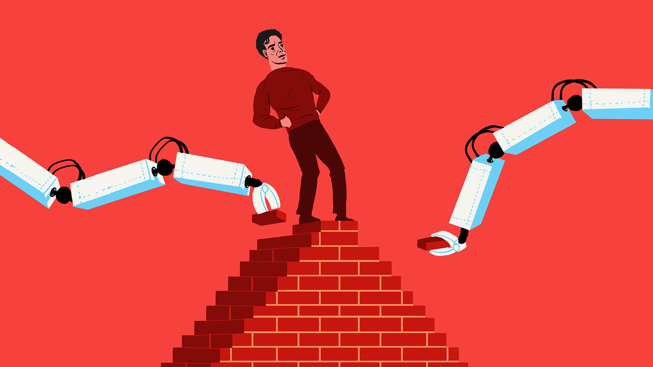 Illustration of Mr Al Khafajii standing atop his bricklaying venture.