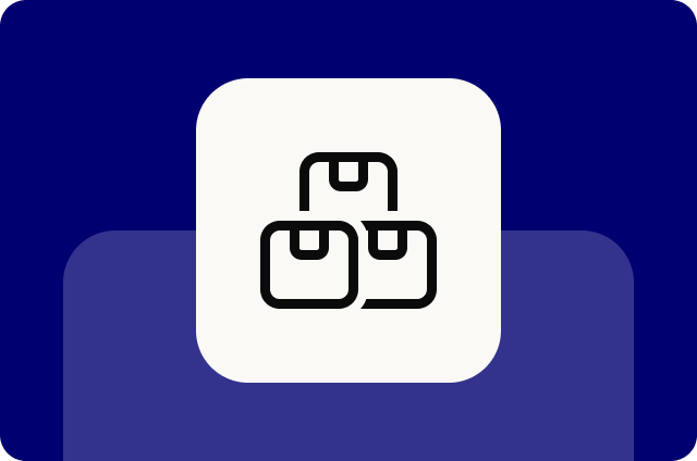 Navy blue background with a medium indigo offset shadow, featuring an off-white rounded square icon with a black outlined illustration of three stacked shipping boxes.