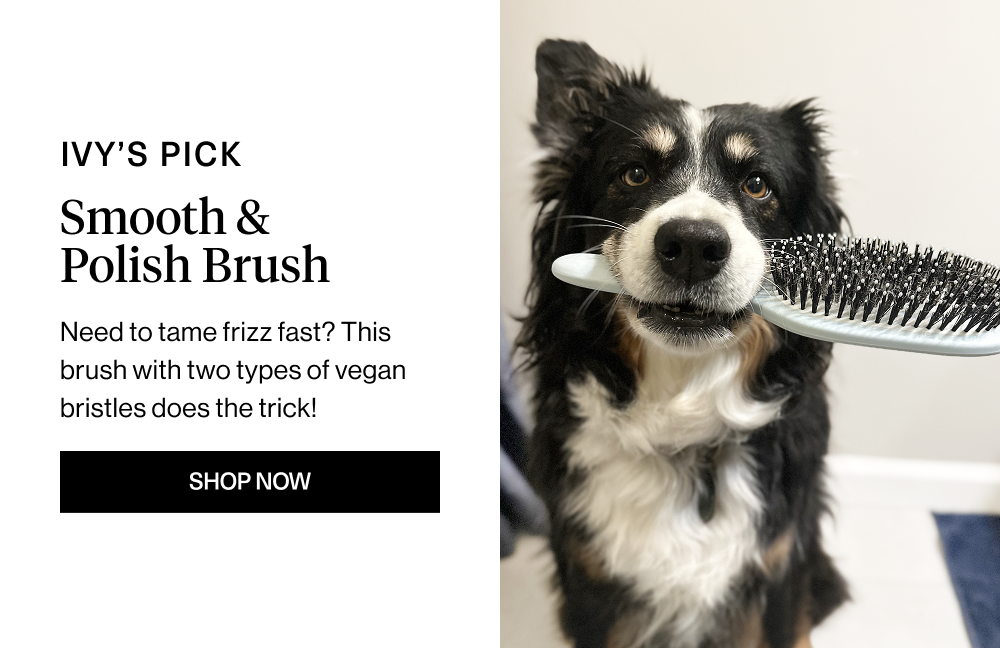 Overhead: Ivy’s Pick Headline: Smooth & Polish Brush  Body Copy: Need to tame frizz fast? This brush with two types of vegan bristles does the trick!