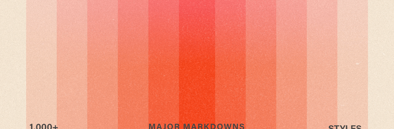Vibrant red-to-pink vertical stripe gradient background with a grainy texture, highlighting 1,000+ major markdowns on various styles.