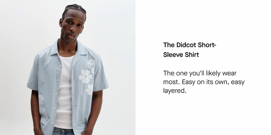 Didcot - Blue And Ecru Floral Applique Short-Sleeve Shirt