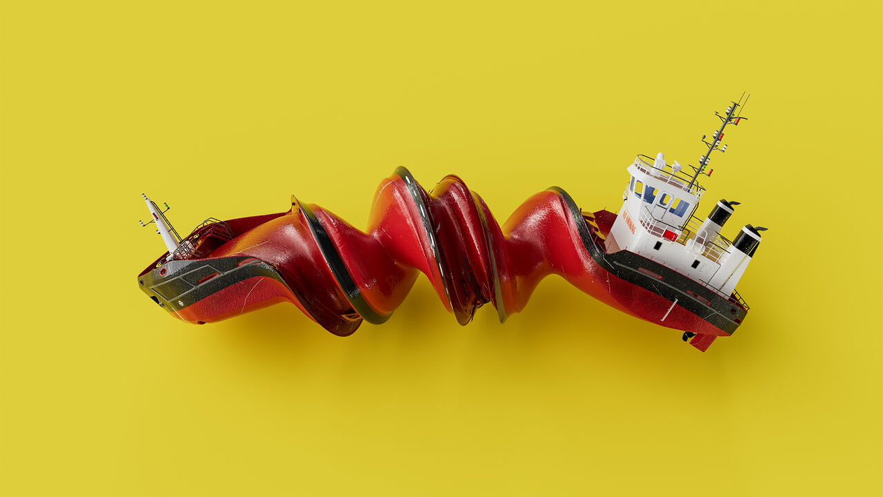 An oil tanker twisted and contorted into a corkscrew-like form.