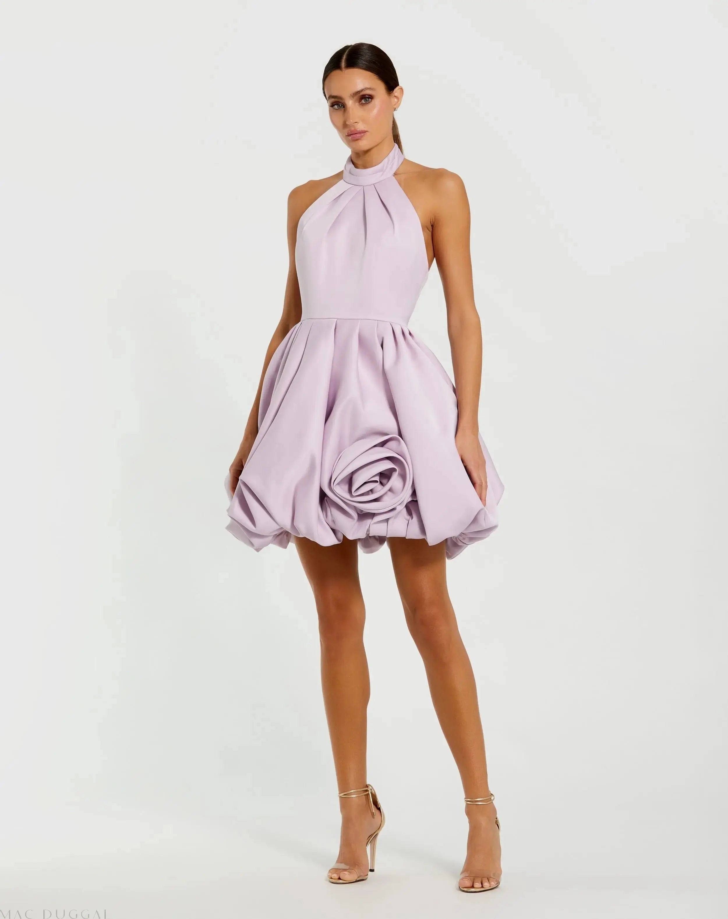 Image of Purple Satin Bubble Hem Backless Mini Dress