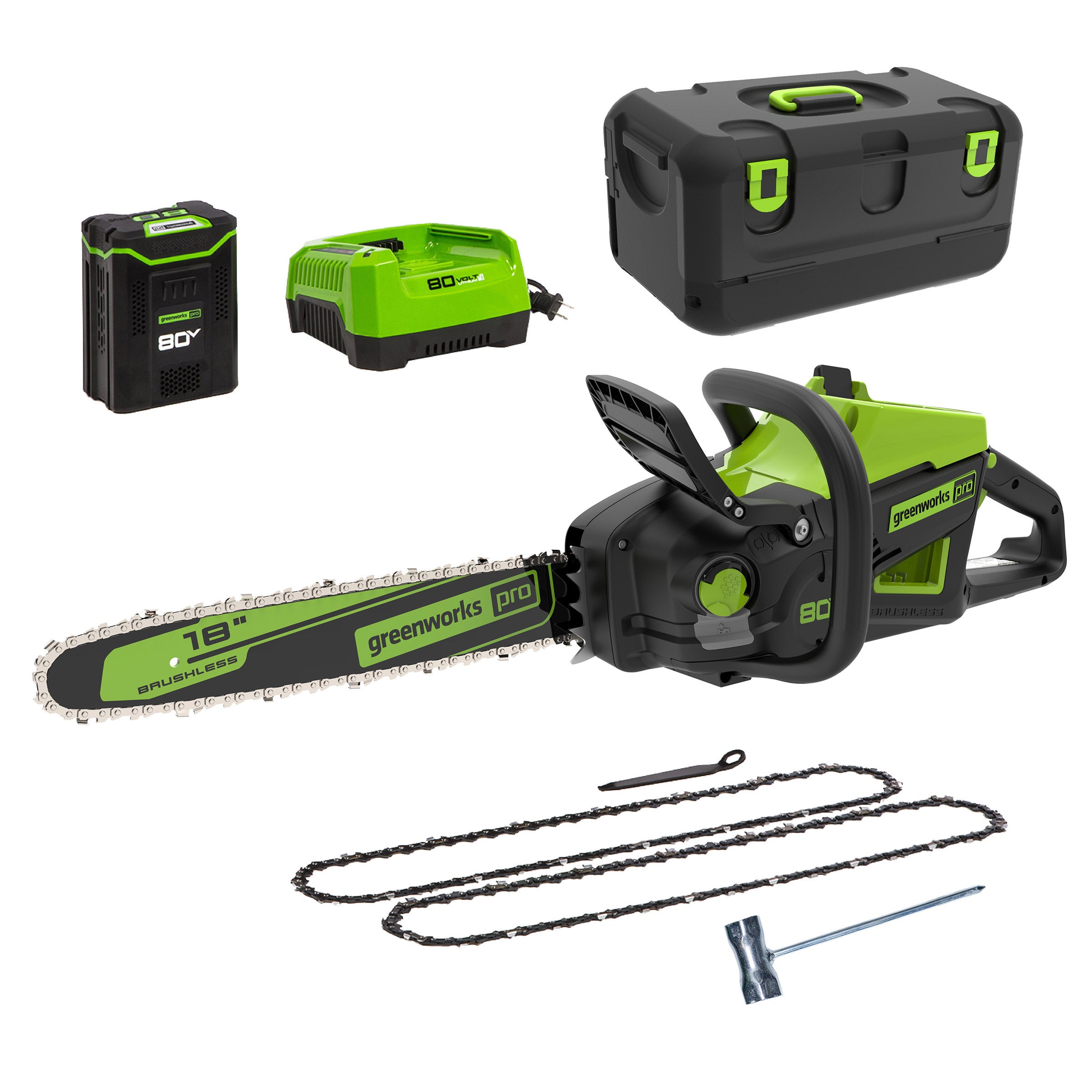 Greenworks 80V 18-inch 2.5Kw Chainsaw with Battery, Charger and Case