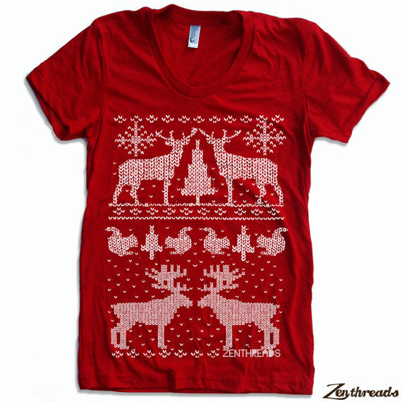 Image of Women's Christmas Sweater Print T-Shirt Red