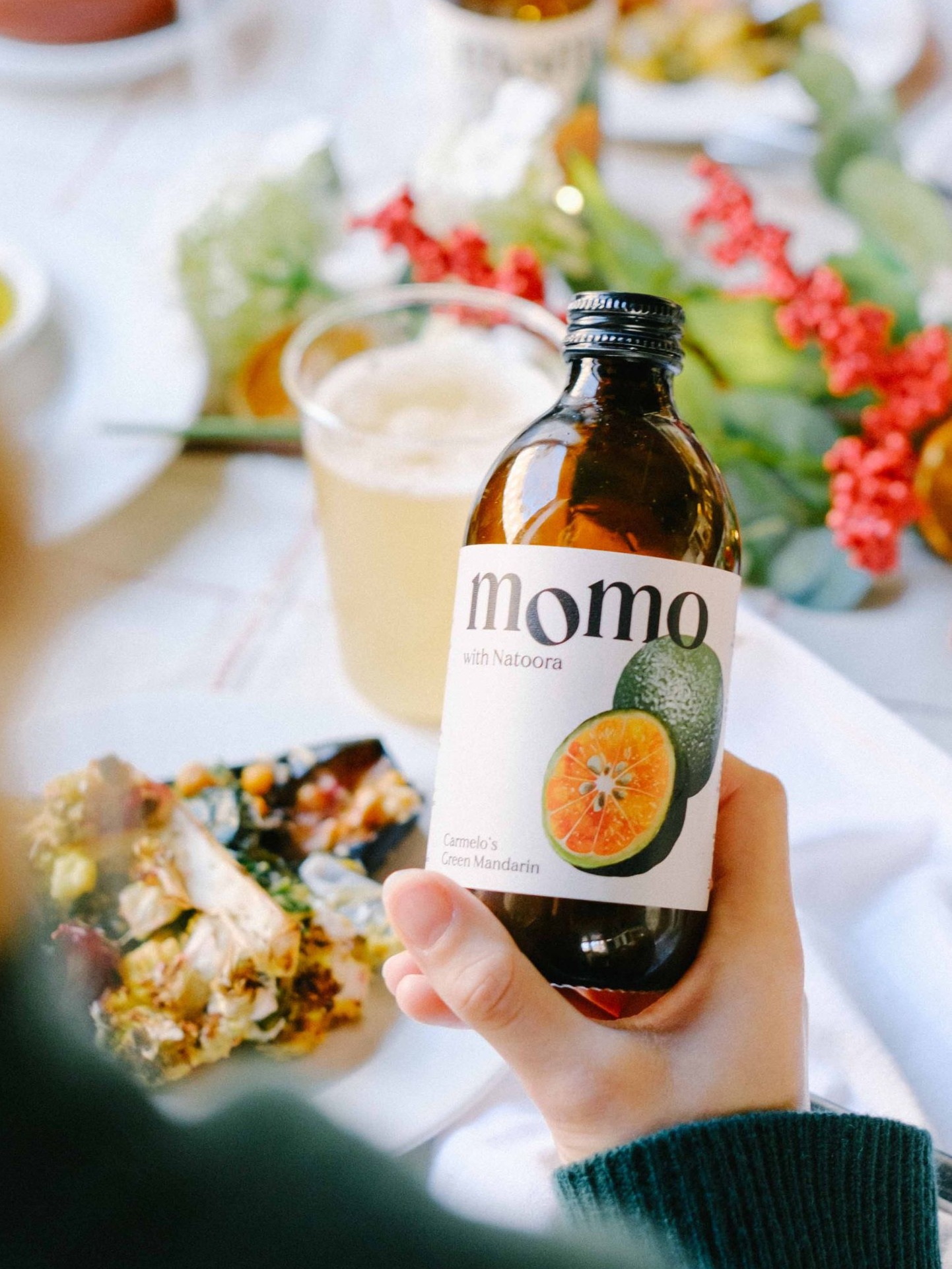 Carmelo's Green Mandarin Kombucha on the Christmas table.