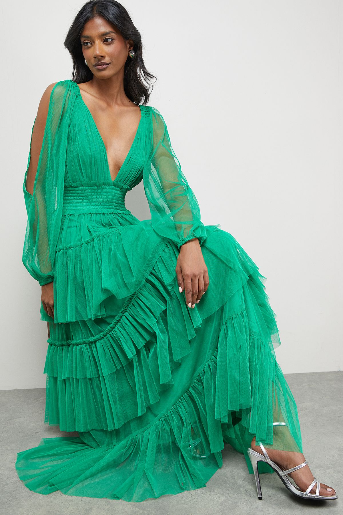 Tulle Long Sleeve Cinched Waist Maxi Dress