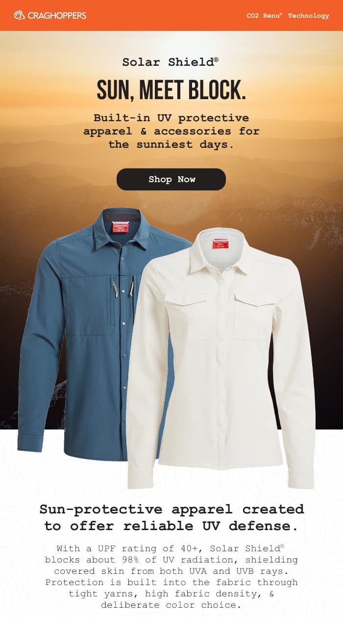 Studio product photos of Solar Shield Shirts superimposed over a sunny mountain background. Shop Now