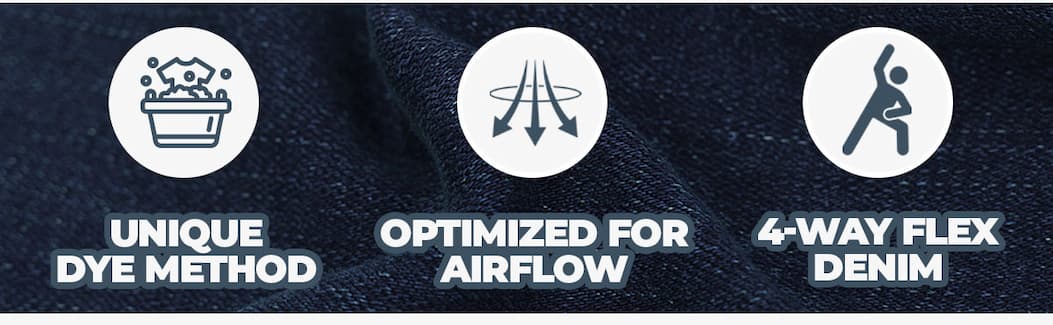 Unique dye method. Optimized for airflow. 4-way flex denim.